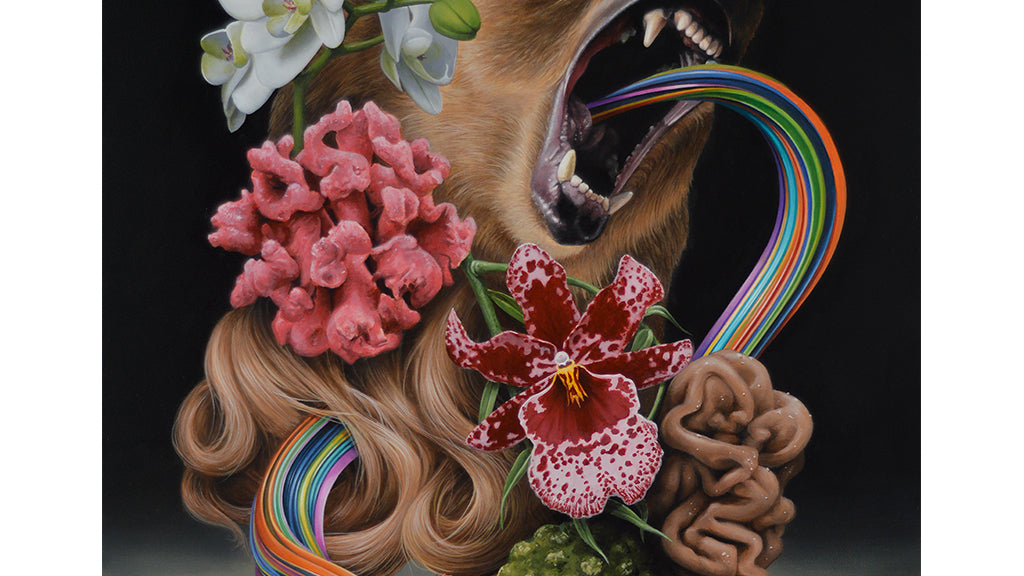 bear with mouth open, rainbow spilling out and connecting to clump of human hair, an orchid and coral