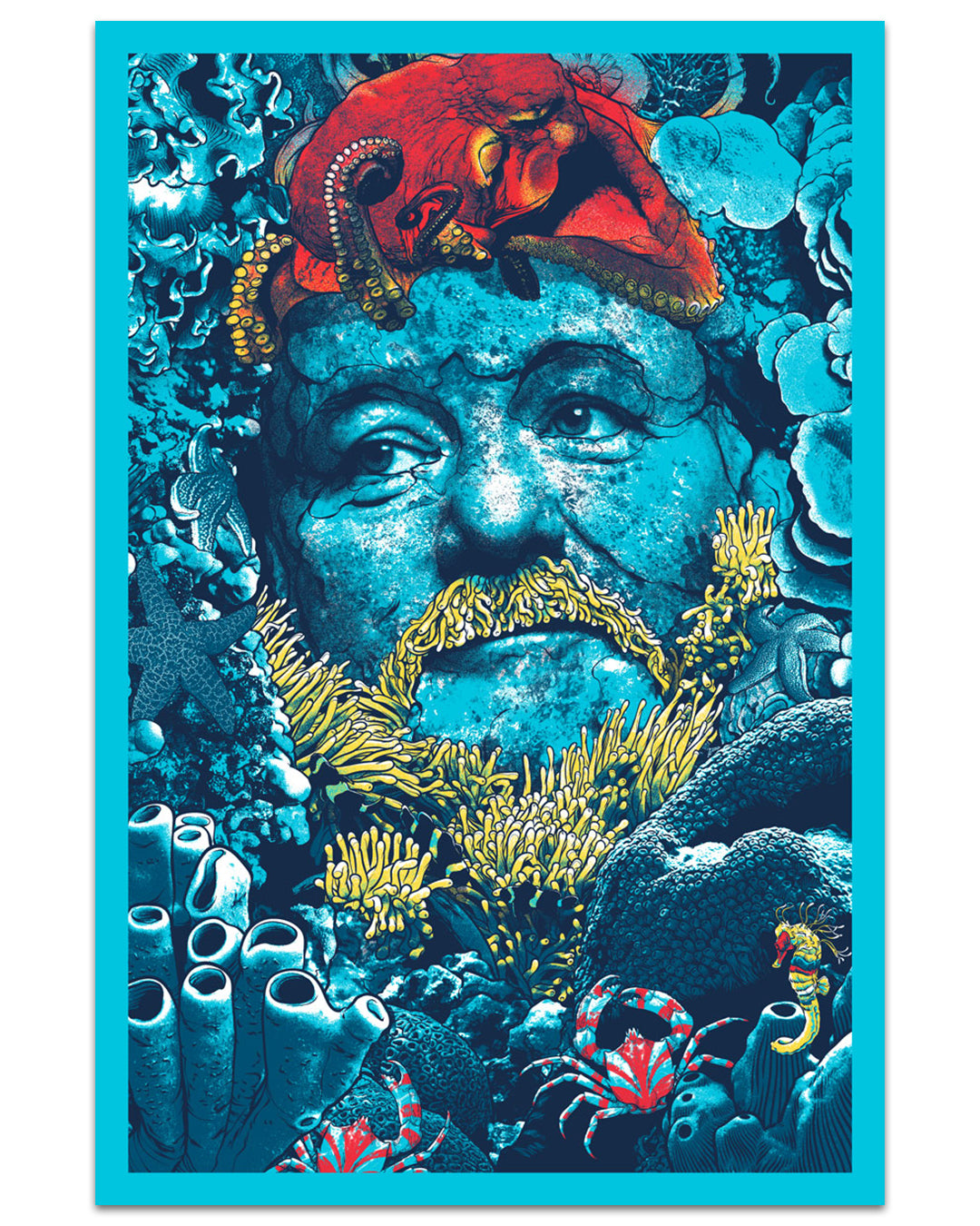 A vibrant, surreal Joshua Budich-inspired illustration of a man's face blending into an underwater reef with coral, sea creatures, and a red octopus in bold yellow, blue, and red hues.