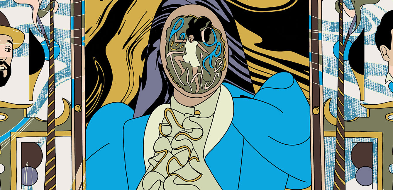 An abstract illustration of a person in a blue outfit with a detailed, swirling face design incorporating various figures and patterns. There are intricate shapes and colors in the background, adding to the overall complexity and surreal theme.