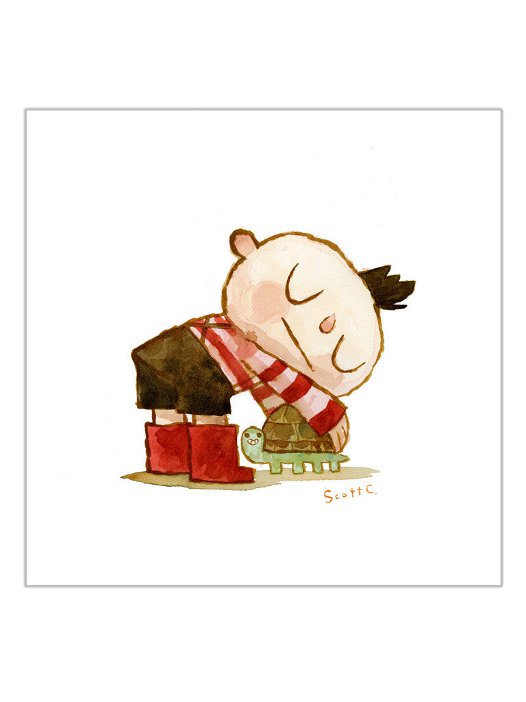 A child in a striped shirt and red boots bends down to share a Turtle Hug with a smiling turtle. With closed eyes and a gentle smile, the child shows affection in this whimsical Scott C. artwork.
