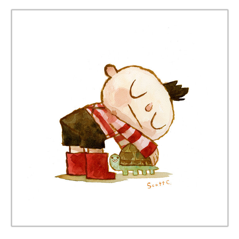 A child in a striped shirt and red boots bends down to share a Turtle Hug with a smiling turtle. With closed eyes and a gentle smile, the child shows affection in this whimsical Scott C. artwork.