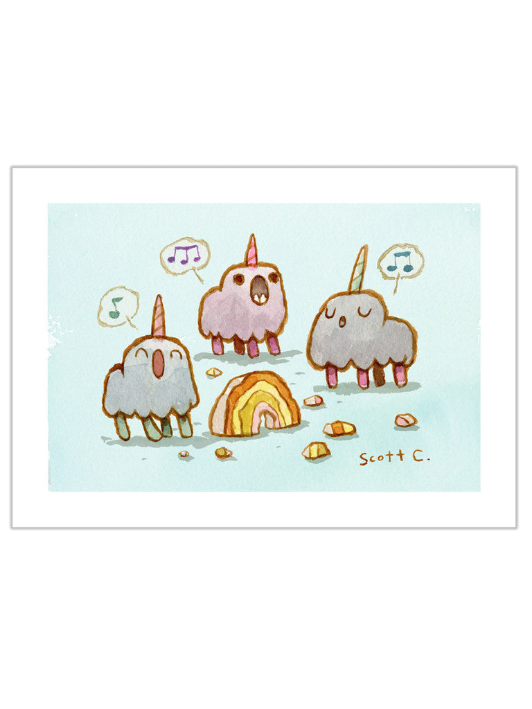 Three fluffy narwhal-like creatures with horns sing Unicorn Songs around a rainbow, surrounded by colorful rocks and musical notes. This playful artwork by Scott C. is available as an Archival Pigment Print.