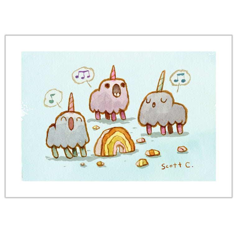 Three fluffy narwhal-like creatures with horns sing Unicorn Songs around a rainbow, surrounded by colorful rocks and musical notes. This playful artwork by Scott C. is available as an Archival Pigment Print.