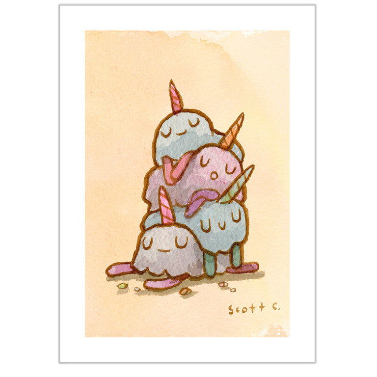 Unicorn Stack by Scott C. is a watercolor illustration of three sleepy, ice cream-like unicorns with colorful horns, stacked on a soft beige background. Available as an archival pigment print.
