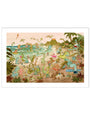 Cartoon dinosaurs enjoy swimming, surfing, and building sandcastles at Dinosaur Beach in this vibrant Archival Pigment Print by Scott C., featuring palm trees, mountains, and playful whimsy true to the brand’s signature style.