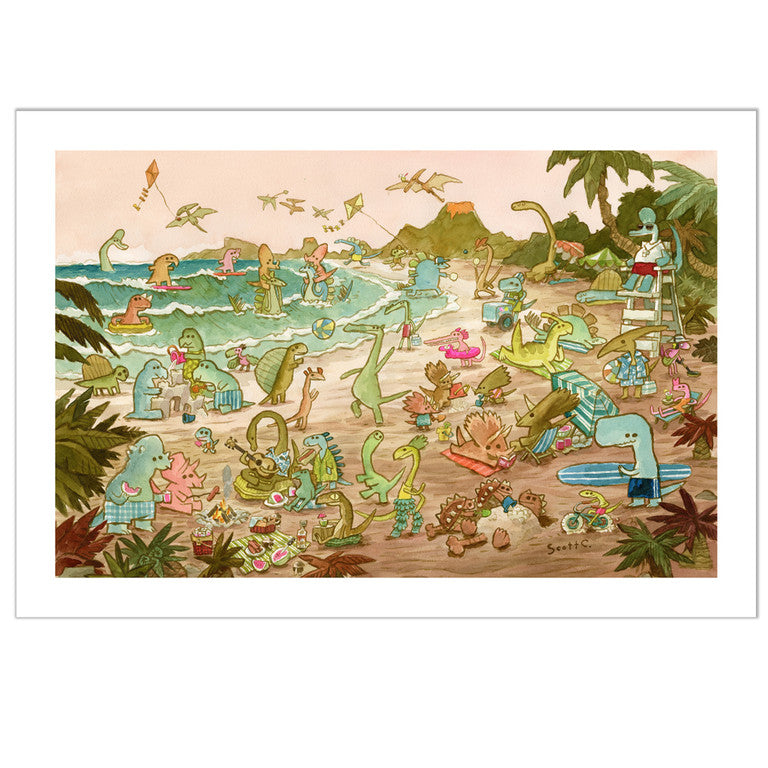 Cartoon dinosaurs enjoy swimming, surfing, and building sandcastles at Dinosaur Beach in this vibrant Archival Pigment Print by Scott C., featuring palm trees, mountains, and playful whimsy true to the brand’s signature style.