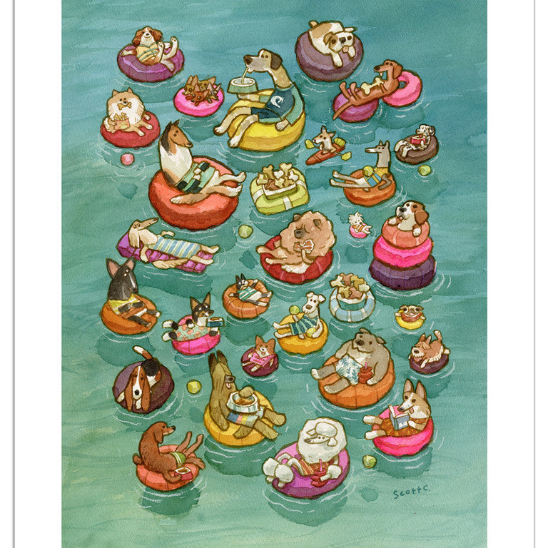 This cheerful archival pigment print by Scott C. shows Tubing Dogs relaxing on colorful pool floats, snacking and playing on blue-green water. Signed and numbered by the artist.