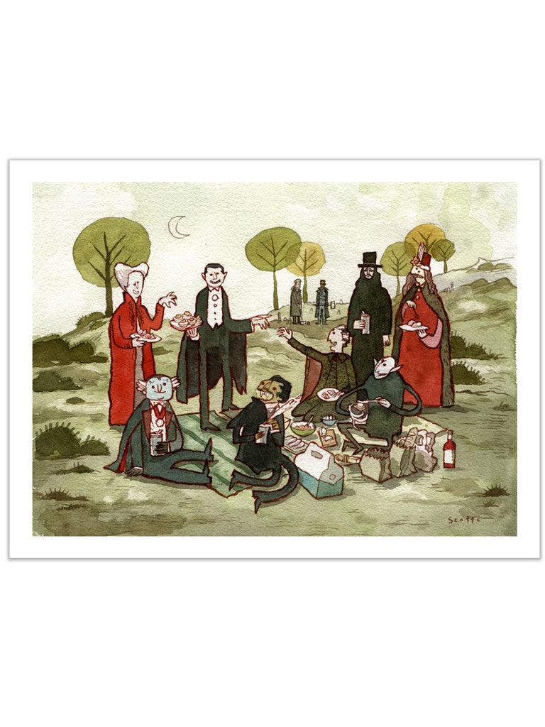 A group of classic vampires in old-fashioned attire picnic under the moon among trees and snacks—captured as an Archival Pigment Print in Scott C.’s whimsical style.