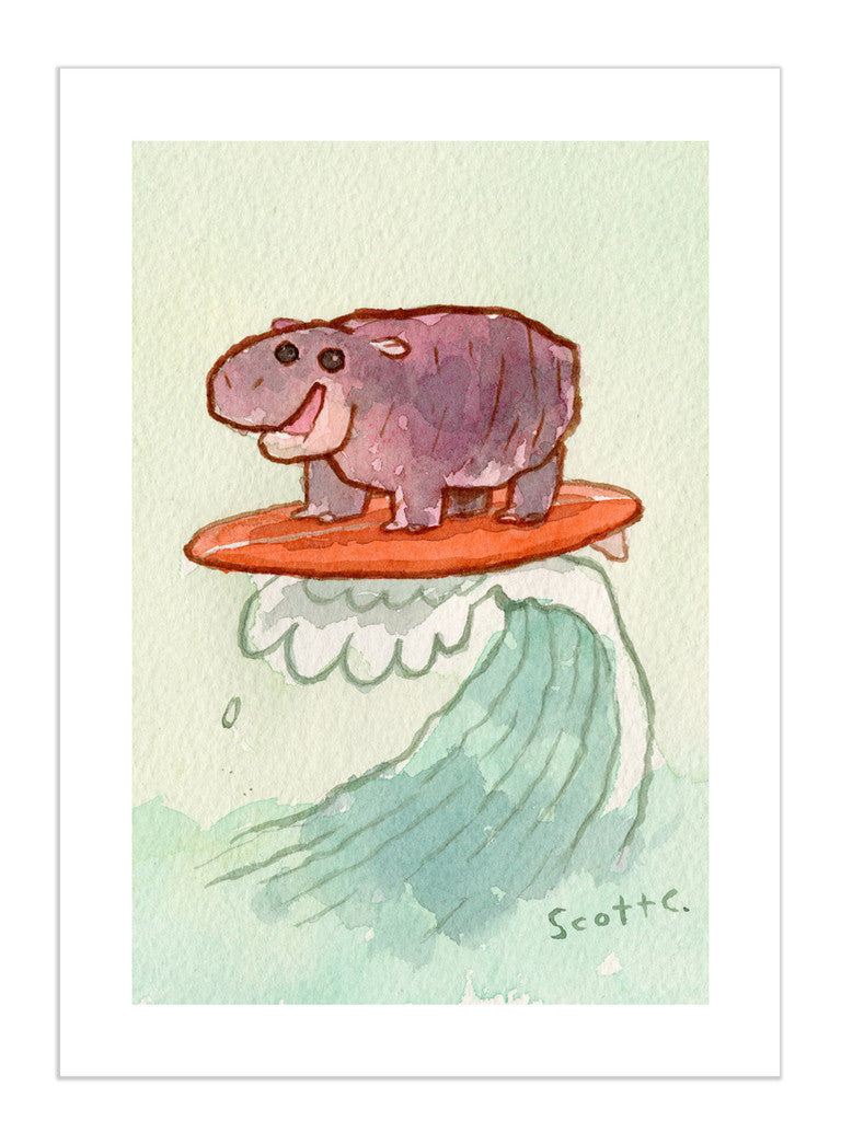 A playful watercolor by Scott C. shows a cheerful purple hippo surfing on an orange board. This archival pigment print is signed and numbered, featuring the artist’s “Scotte” signature at the bottom.
