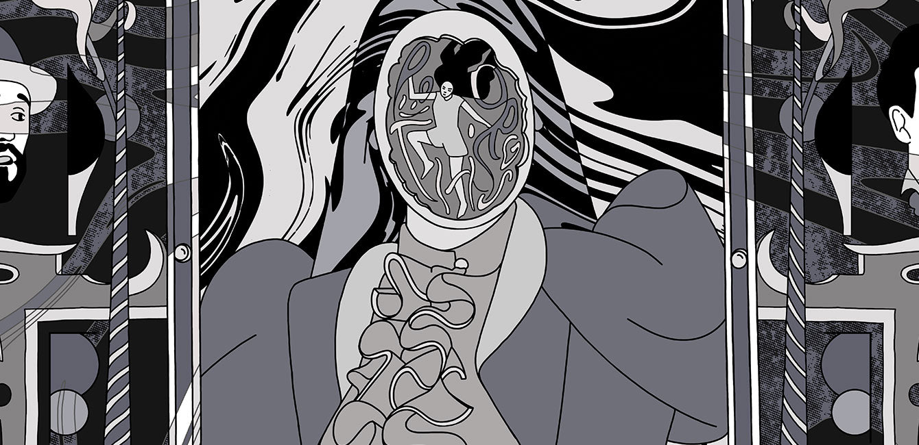 Surreal black and white illustration of a person with a distorted, abstract facial design. The face contains swirling patterns and dancing figures. The background features bold, swirling lines and partially visible faces.