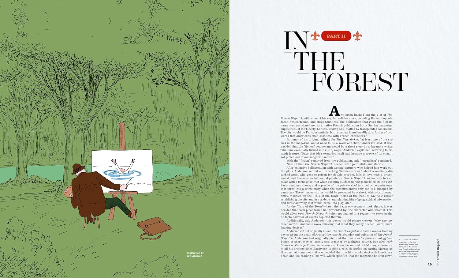 An artist inspired by Max Dalton paints amidst a tranquil green forest with trees and a river, channeling Matt Zoller Seitzs style. A briefcase lies open nearby, echoing The French Dispatch charm. The right page reads In the Forest, with text below in muted green tones enhancing the scene.
