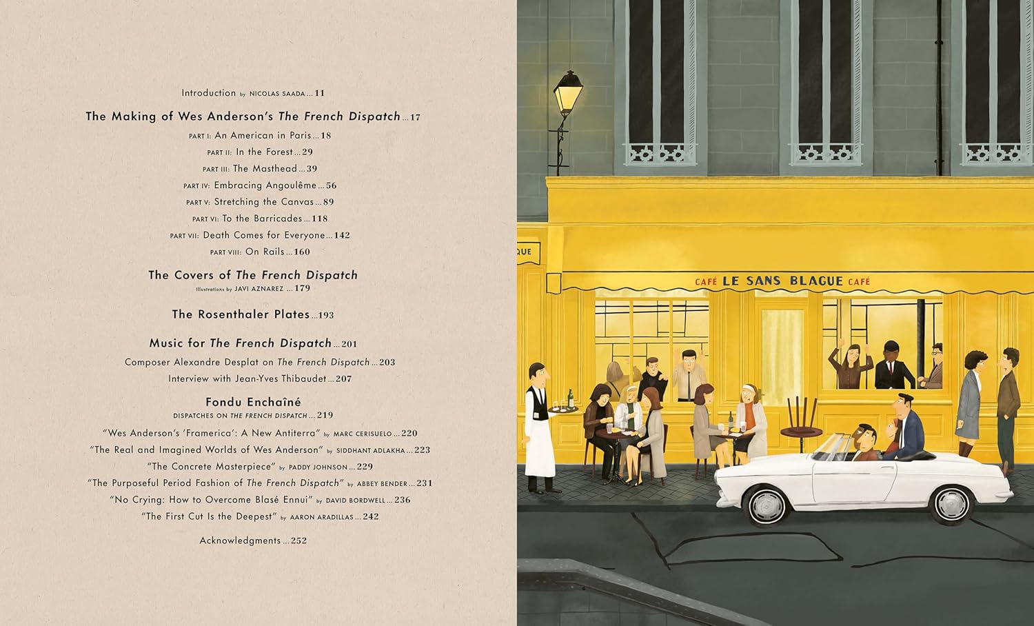 A Matt Zoller Seitz illustration captures a whimsical street scene: a vintage white car by a yellow café where diners enjoy their meals served by a waiter. A menu is displayed on the left, evoking the charm of The French Dispatch and the Wes Anderson Collection.