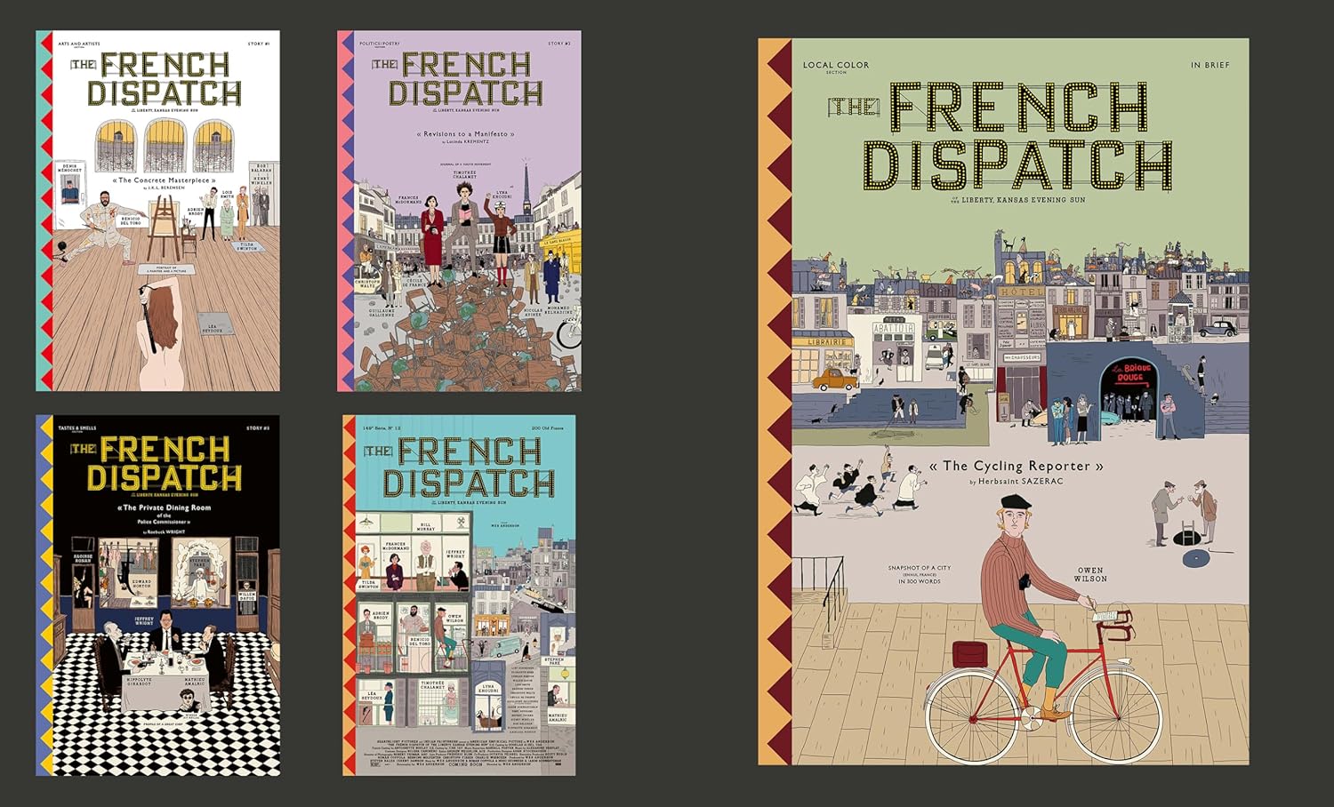 Five illustrated posters from the Matt Zoller Seitz Wes Anderson Collection feature Max Daltons vintage-style drawings of urban scenes, people, and bicycles. Each cover displays different characters and cityscapes with The French Dispatch title prominently at the top.