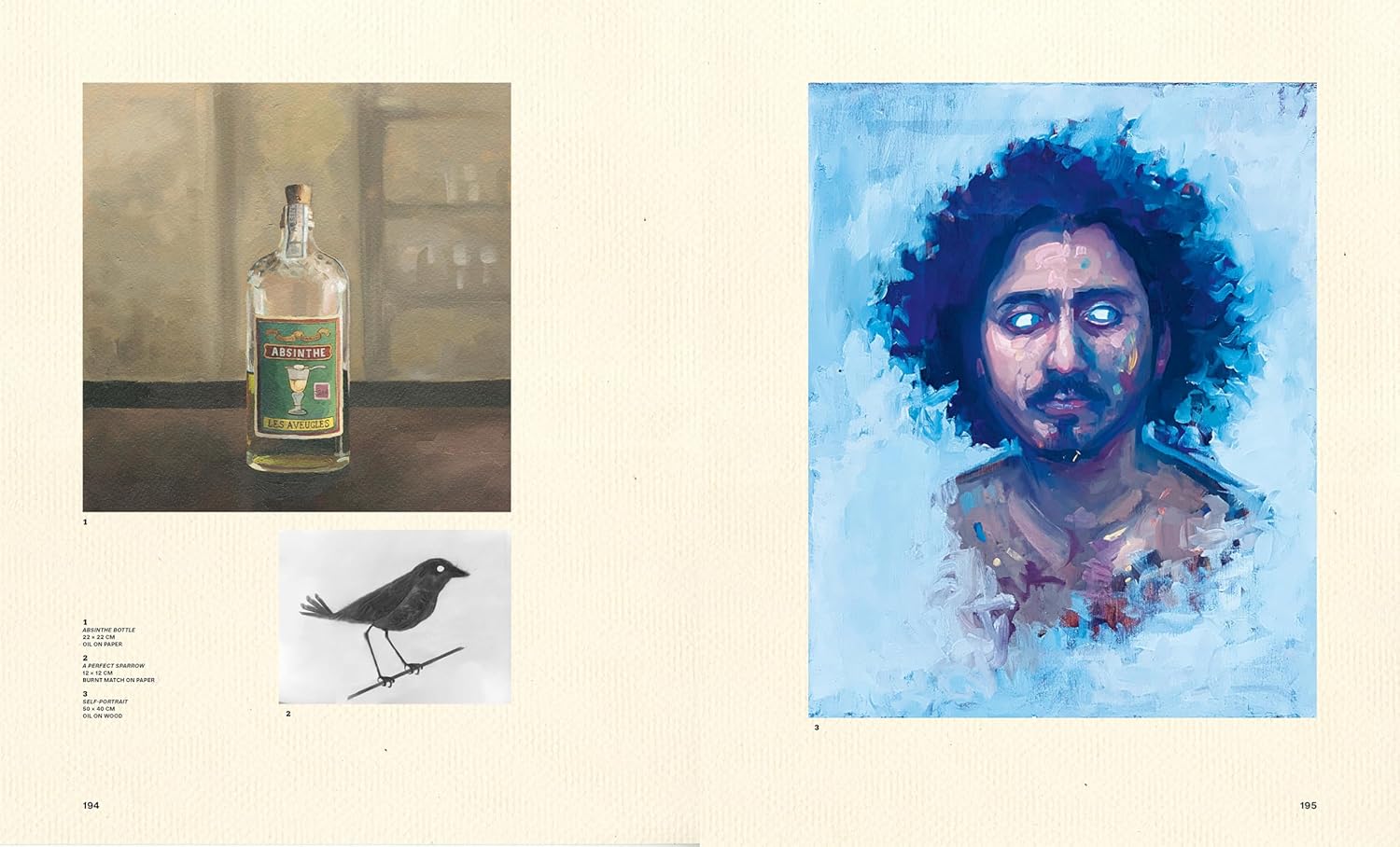 Left page: an Absinthe bottle with artwork inspired by The French Dispatch in the Wes Anderson Collection style. Right page: a person with glowing eyes painted against an abstract, colorful background by Max Dalton, part of Matt Zoller Seitz collection.