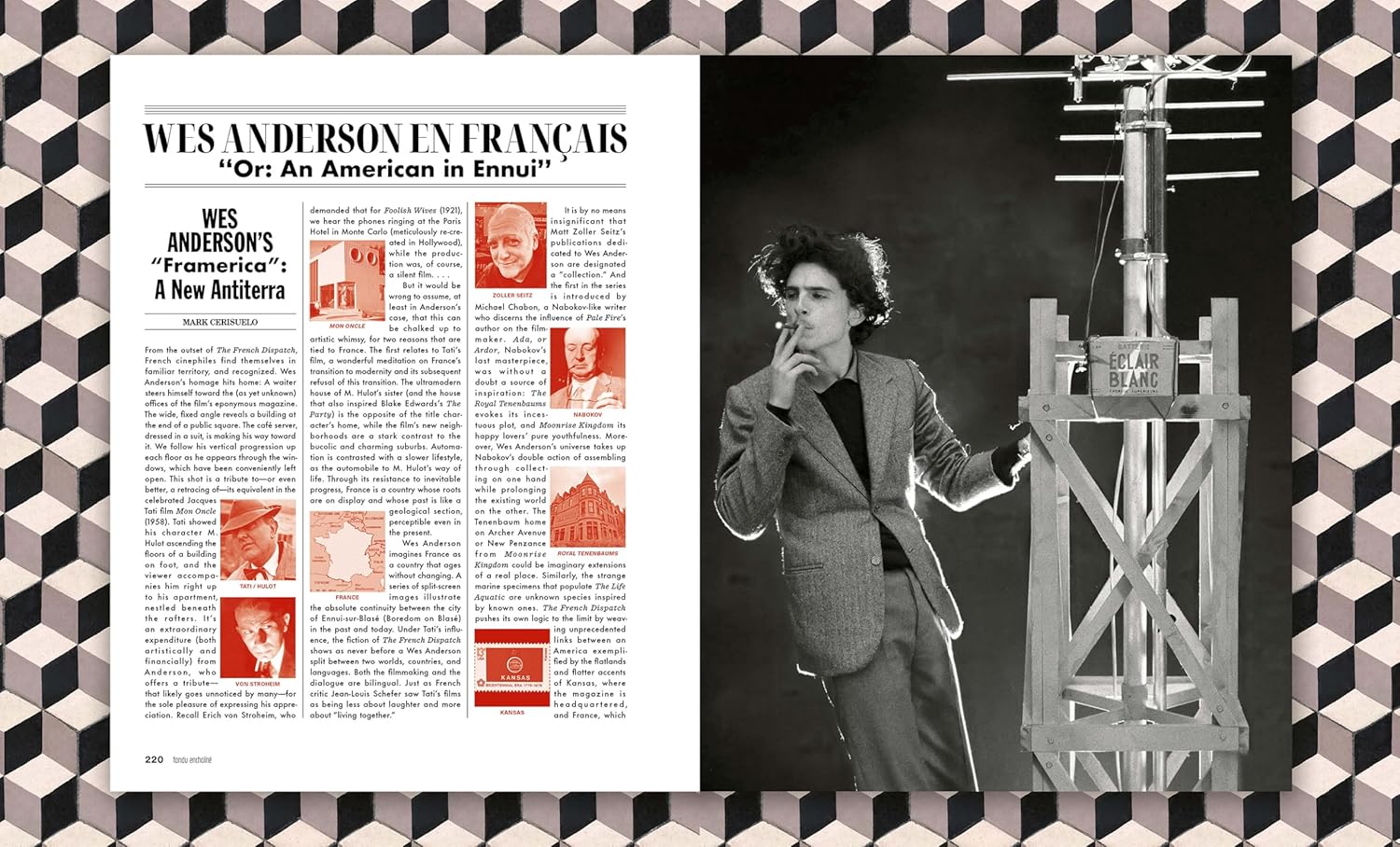 Magazine spread showcasing Wes Anderson en Français with an article on the left and a black-and-white image of a person in a suit smoking on the right. The page, echoing Matt Zoller Seitz’s style, features a geometric black-and-white border reminiscent of The French Dispatch.