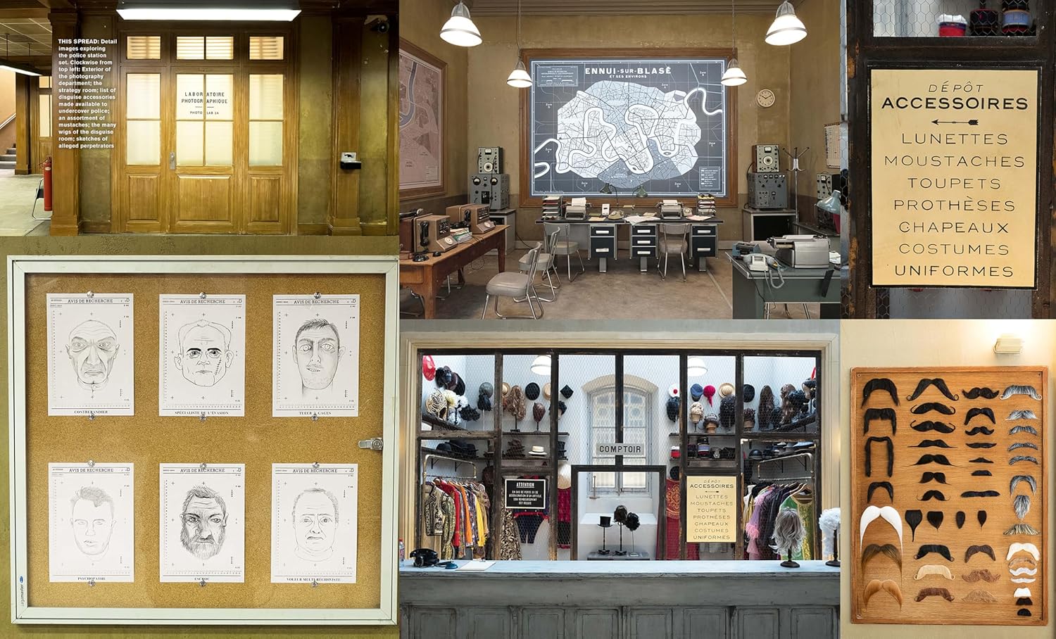 A vintage-style spy agency office, echoing a scene from The French Dispatch, features maps, equipment, face sketches, shelves with wigs and costumes, and drawers full of mustache props. A sign in elegant French script lists various disguise items by Matt Zoller Seitz.