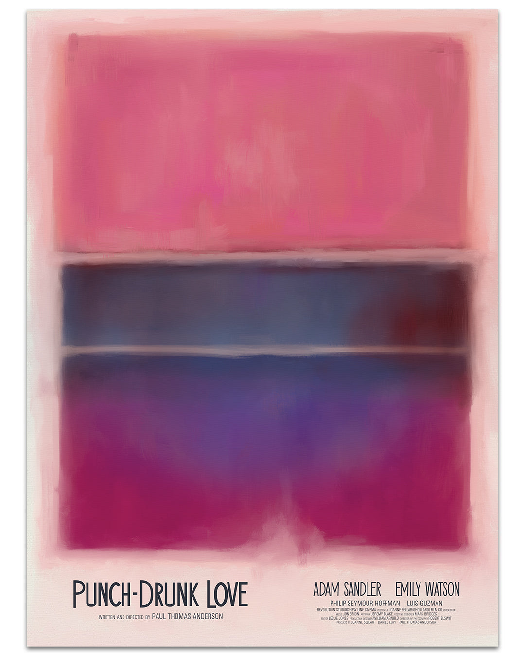 The Punch-Drunk Love poster by Aaron Lea features abstract bands of pink, purple, and blue. The movie title and cast, Adam Sandler and Emily Watson, are elegantly displayed at the bottom as an archival pigment print masterpiece.