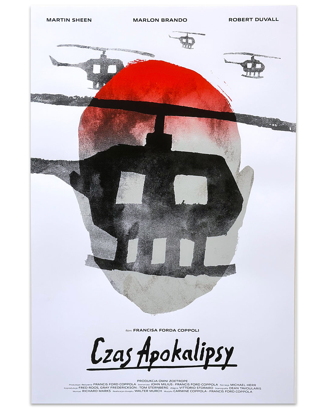 Aleksander Walijewskis Polish screen print for Apocalypse Now features a striking red and black silhouette of a face and helicopter, with smaller choppers in the background. Actor names are elegantly listed at the top, and Czas Apokalipsy stands out at the bottom.