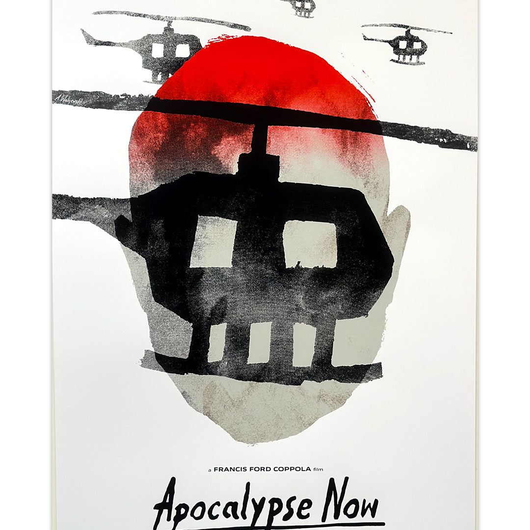 An Aleksander Walijewski screen print poster for Apocalypse Now features a stylized silhouette of a helicopter and a human head against a red sun. Martin Sheen, Marlon Brando, and Robert Duvall are at the top, with director Francis Ford Coppolas name below.