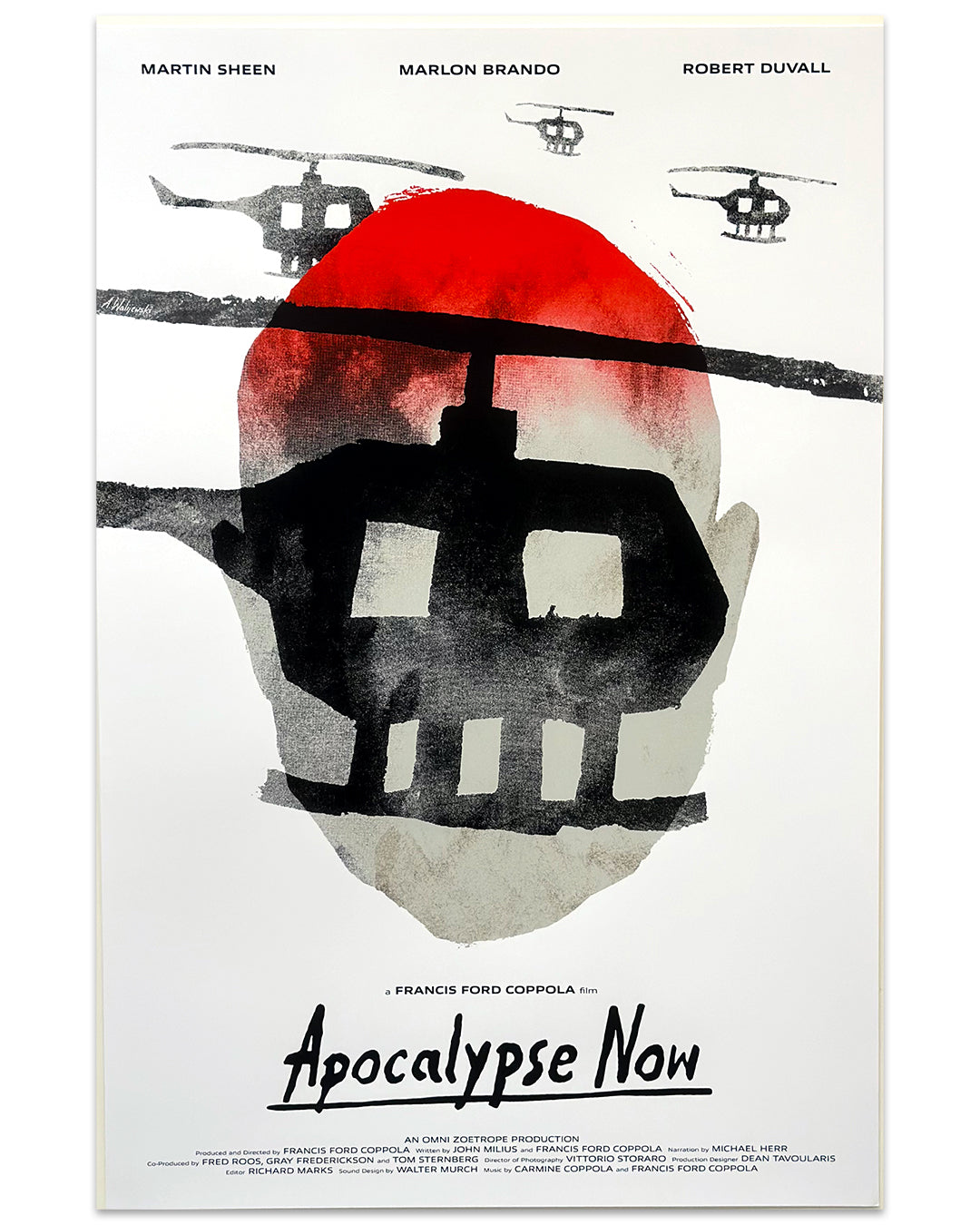 An Aleksander Walijewski screen print poster for Apocalypse Now features a stylized silhouette of a helicopter and a human head against a red sun. Martin Sheen, Marlon Brando, and Robert Duvall are at the top, with director Francis Ford Coppolas name below.
