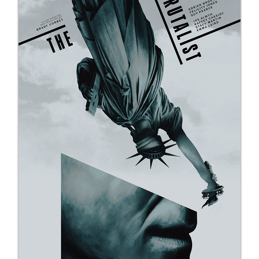 This limited edition Aleksander Walijewski monochromatic screen print features the Statue of Liberty upside down against a geometric shape, with The Brutalist stylishly at the corners and actors names and director elegantly listed on the right.