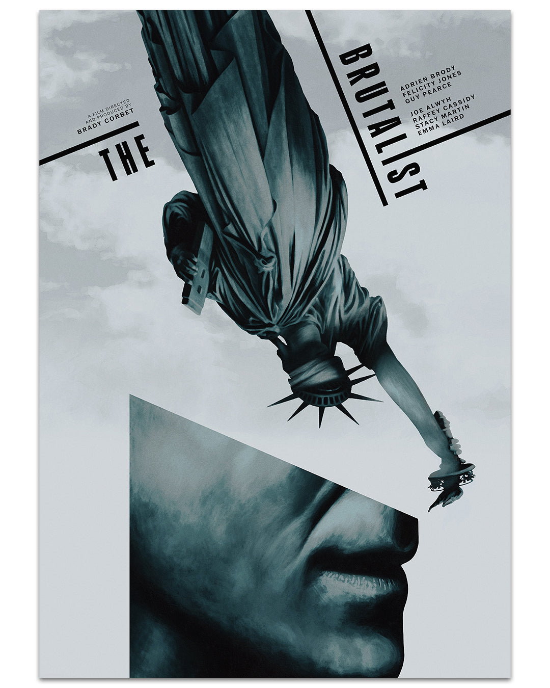 This limited edition Aleksander Walijewski monochromatic screen print features the Statue of Liberty upside down against a geometric shape, with The Brutalist stylishly at the corners and actors names and director elegantly listed on the right.