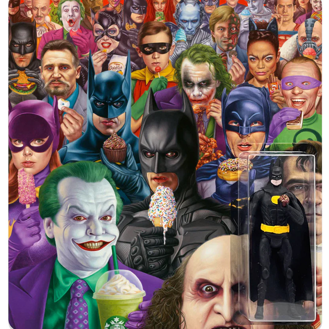 A vibrant collage of Batman heroes and villains from movies and TV enjoying ice cream, featuring a boxed Batman resin figure inspired by Alex Gross’s hand-painted art toy style in the lower right corner. Brand Name: Alex Gross.