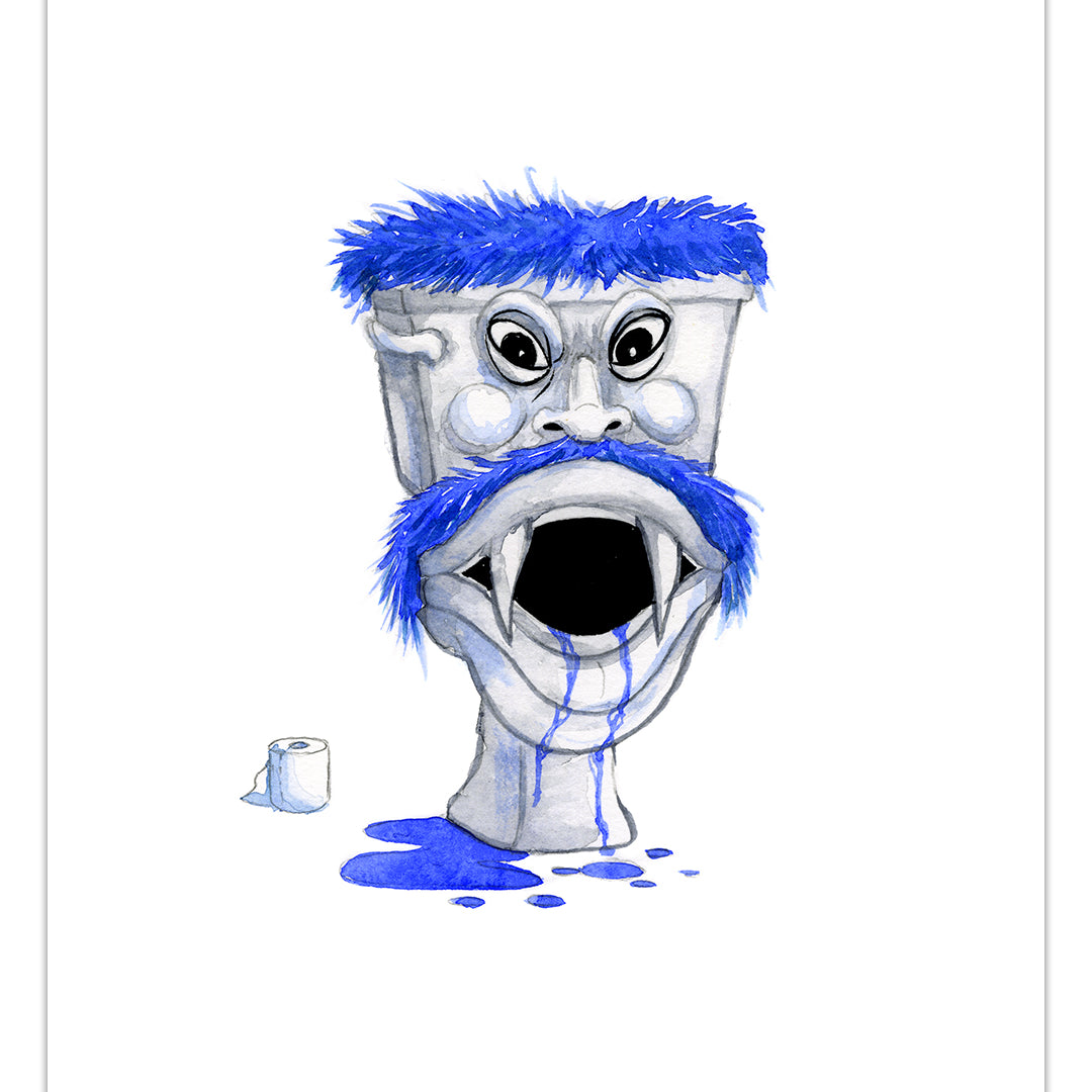An evil toilet illustration with eyes, an open mouth, and blue furry eyebrows, mustache, and beard spills blue liquid on the floor. A small roll of toilet paper is nearby. This whimsical piece captures the vibrant style of Alex Pardee in archival pigment prints produced by the brand named Alex Pardee.