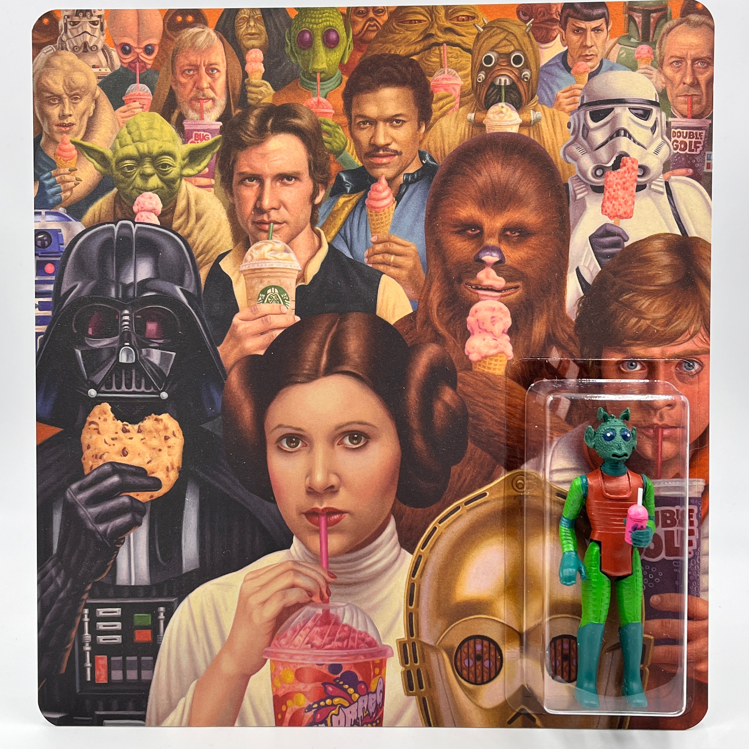 A colorful Star Wars scene by Alex Gross features Darth Vader, Princess Leia, and Chewbacca with ice cream and drinks. Attached is a limited edition hand-cast resin figure of an alien, merging sci-fi with a playful twist.
