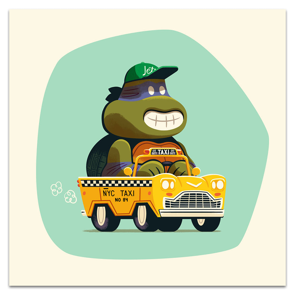 Cartoon turtle in a green Jets cap drives a yellow NYC taxi with black-and-white trim on teal—this Andrew Kolb TMNT art print is a fun addition to the Spoke Art 15th Anniversary collection.