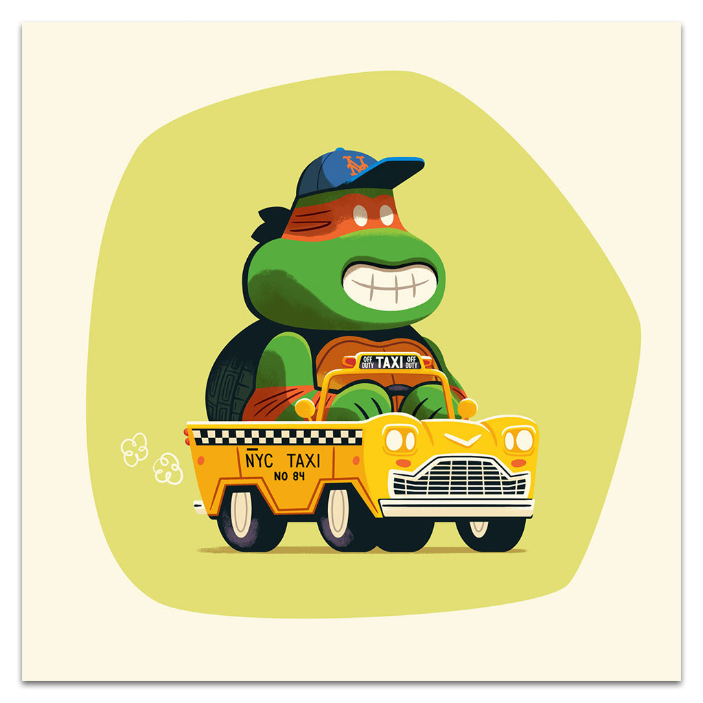 A cartoon Ninja Turtle grins in a yellow NYC taxi with a checker stripe, set on light green—celebrate Spoke Art’s 15th Anniversary with this TMNT art print by Andrew Kolb. Brand: Andrew Kolb.