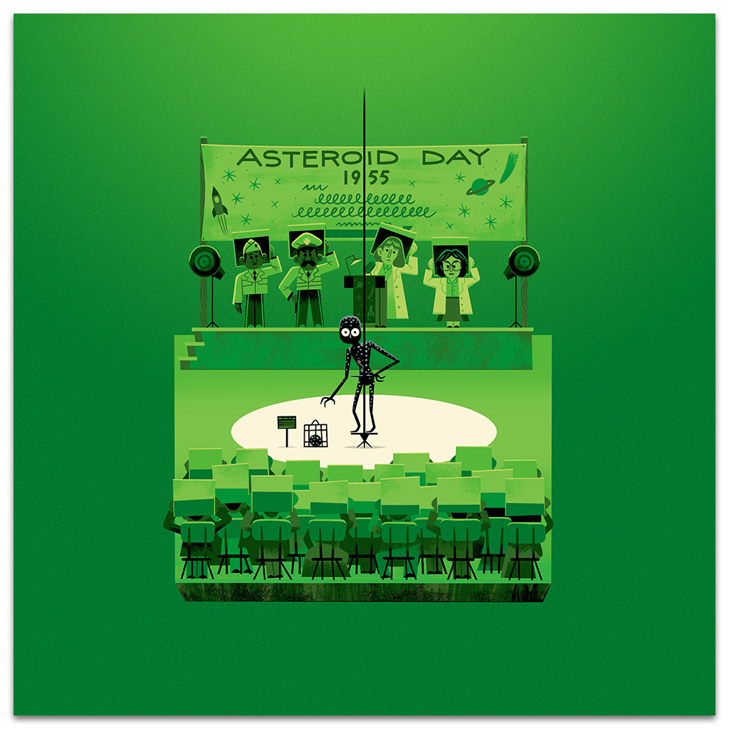 A cartoon skeleton stands on a stage labeled “Asteroid Day 1955,” holding a mic and suitcase. In Andrew Kolb’s style, four people in lab coats stand behind him as empty green chairs fill the audience area.