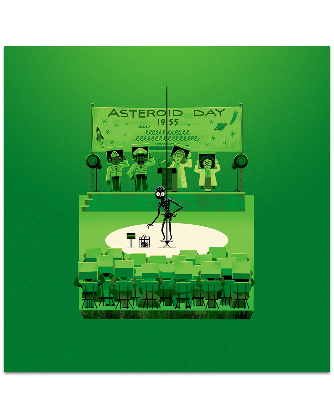 Andrew Kolb-style illustration: a spider-like character on stage at Asteroid Day 1955’s talent show, performing for four judges. The mainly green scene shows rows of empty seats in front.