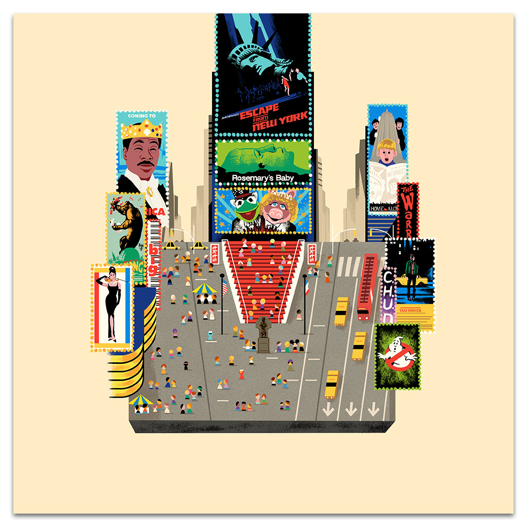 Andrew Kolbs limited edition archival pigment print showcases a bustling cityscape with iconic movie posters as postage stamps, featuring colorful buildings, cars, and people. Its a vibrant masterpiece perfect for any collection.