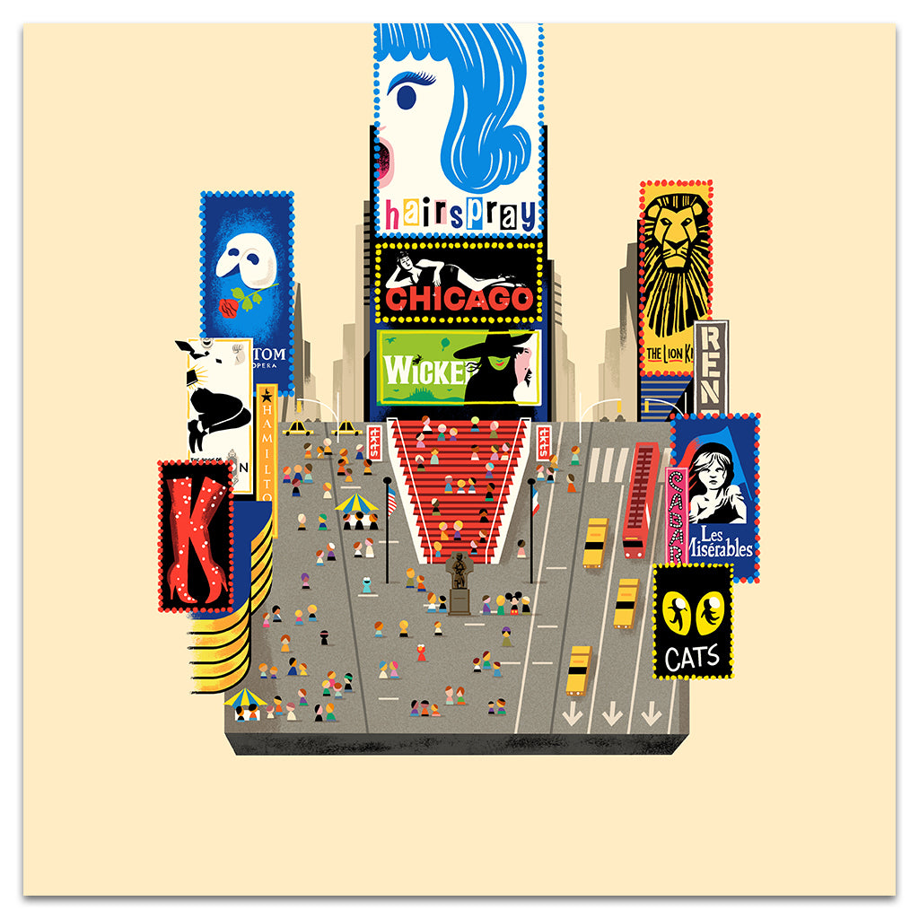 Andrew Kolbs limited edition archival pigment print captures a bustling city street with Broadway-themed billboards for shows like Hairspray, Chicago, and Wicked. The piece, filled with yellow taxis and crowds, vividly represents the lively theater district scene.