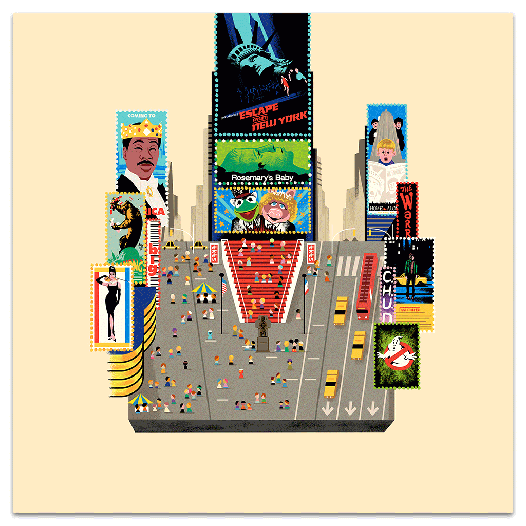 Andrew Kolb offers a limited edition archival pigment print featuring a stylized illustration of a vibrant city square with crowds, taxis, and billboards of classic films like Escape from New York and Rosemarys Baby. Each piece is hand-signed for authenticity.