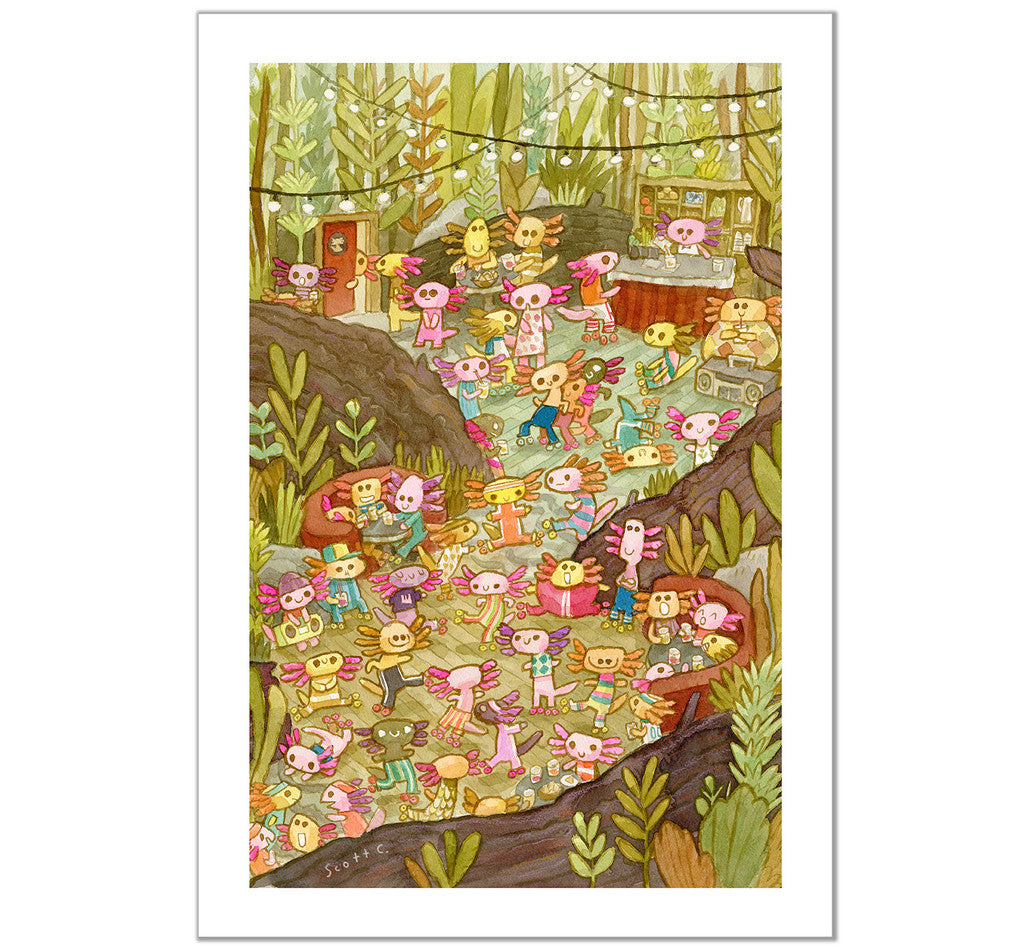 Whimsical woodland scene by Scott C., featuring colorful animal characters dancing and playing instruments at the Little Axos Roller Party under string lights. Archival Pigment Print, signed and numbered by the artist for authenticity.
