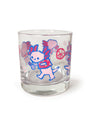 This Spoke Art clear glass tumbler showcases Scott C.s playful cartoon axolotls holding drinks and snacks, surrounded by charming bubbles and citrus slices.