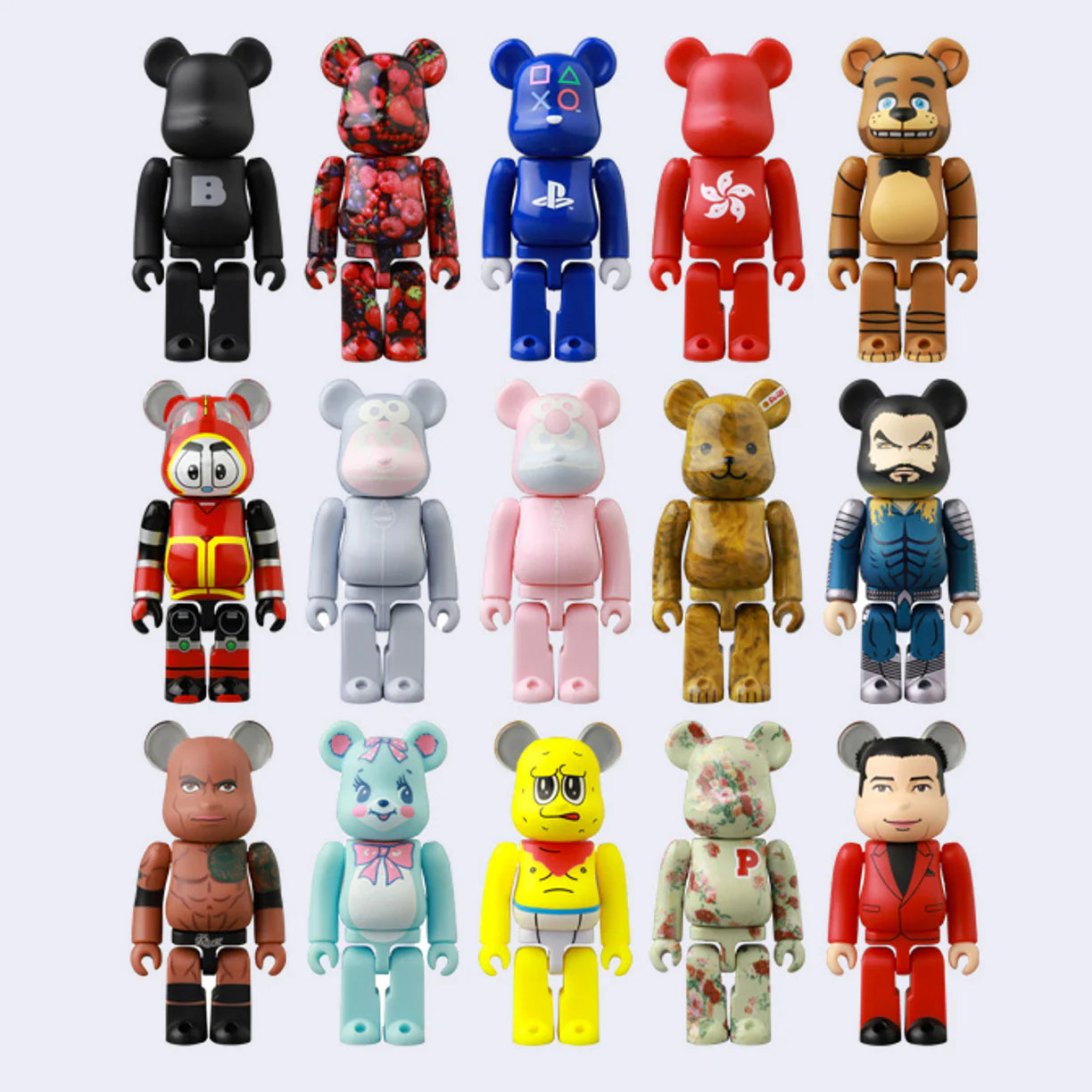 A set of 16 vibrant Bearbrick figurines in a 4x4 grid, each with unique designs from solid hues to camouflage and floral patterns. Made by Medicom, some bears sport distinct clothing or symbolic graphics for an element of surprise typically found in blind boxes.