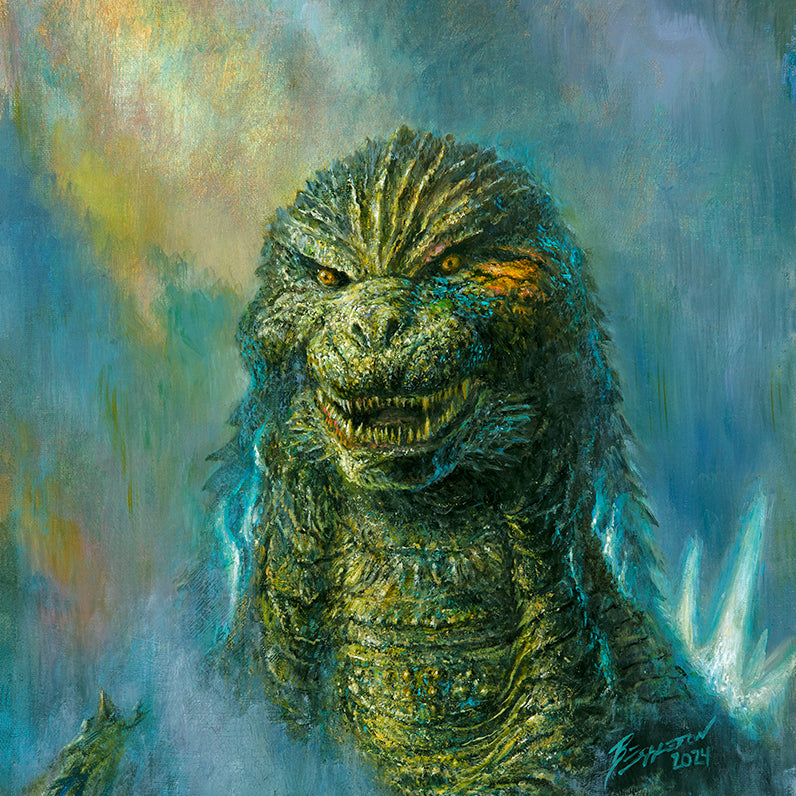 Bob Eggletons painting depicts a large, scaly Godzilla-like monster with glowing eyes and jagged dorsal plates emerging from the mist, set against a background of swirling colors evoking the ominous atmosphere of 70 Years of Godzilla.
