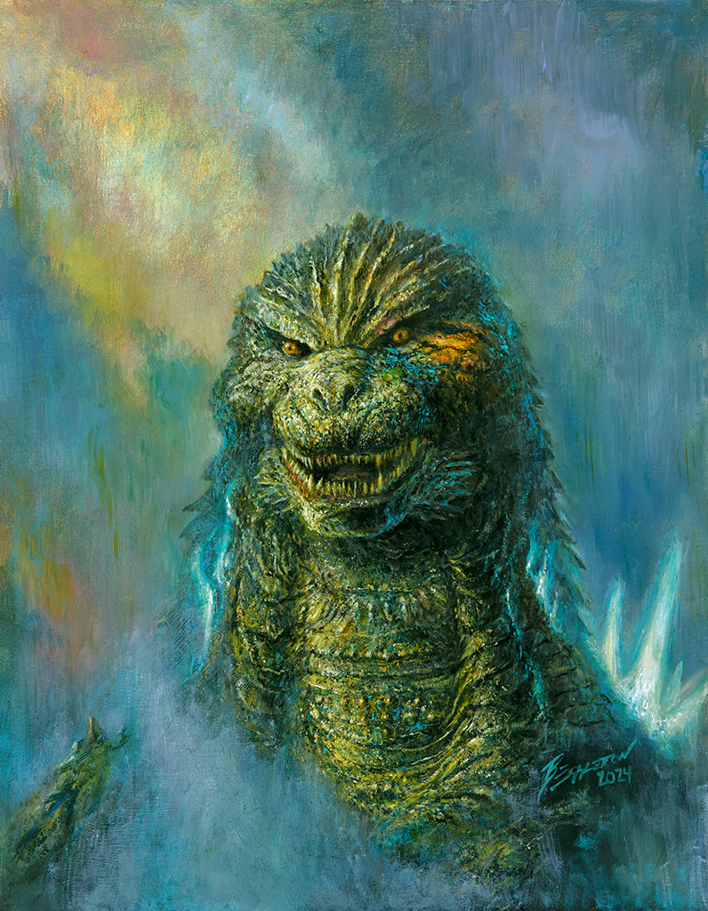 Bob Eggletons painting depicts a large, scaly Godzilla-like monster with glowing eyes and jagged dorsal plates emerging from the mist, set against a background of swirling colors evoking the ominous atmosphere of 70 Years of Godzilla.