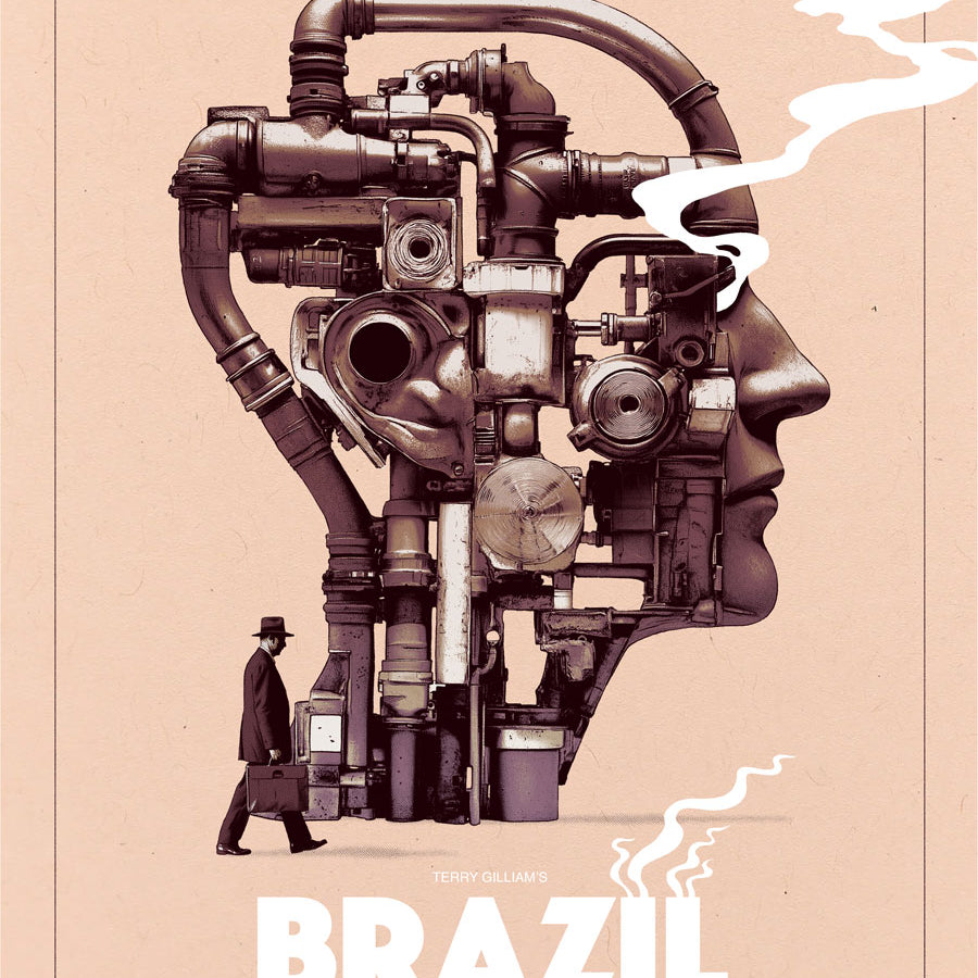 A man in a suit with a briefcase walks by a surreal, head-shaped machine of pipes and gears, white smoke outlining its form. BRAZIL appears boldly below in the style of a Matthew Woodson screen print. Brand: Matthew Woodson.