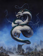A large, white, serpentine dragon with teal accents coils through a misty, dark blue sky above foggy ruins—a Spirited Away-inspired scene in the style of Brian Mashburn—features glowing swirls. Artwork by Spoke Art.