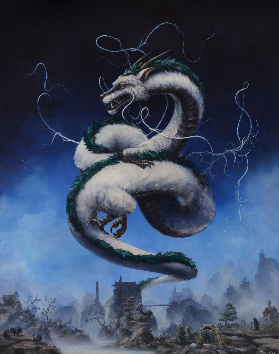 A large, white, serpentine dragon with teal accents coils through a misty, dark blue sky above foggy ruins—a Spirited Away-inspired scene in the style of Brian Mashburn—features glowing swirls. Artwork by Spoke Art.