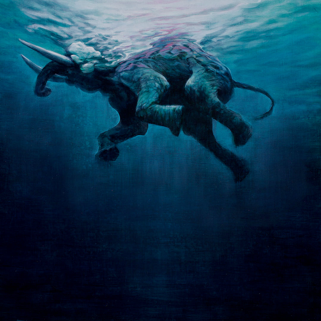 A lone elephant drifts underwater toward the light in Spoke Art’s “The Abyss” by Brin Levinson—its trunk curled, limbs hanging, and bathed in blue water—an evocative oil on panel artwork.