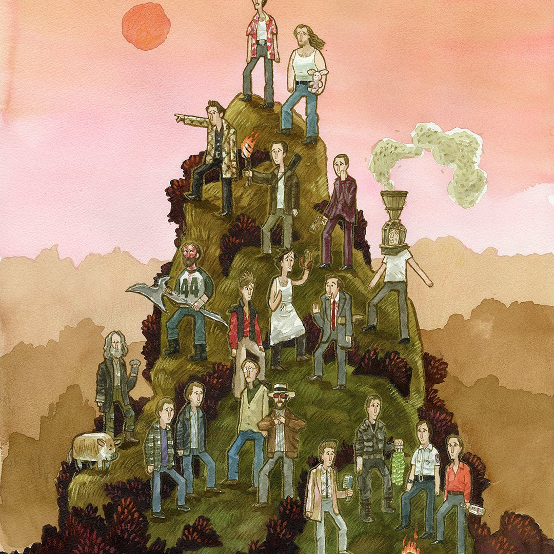 A group of twenty people in casual, watercolor-bright clothes gathers on a grassy hill at sunset, with a red sun and layered mountains behind, evoking the unique art style of Scott C.; smoke drifts above one figures head.