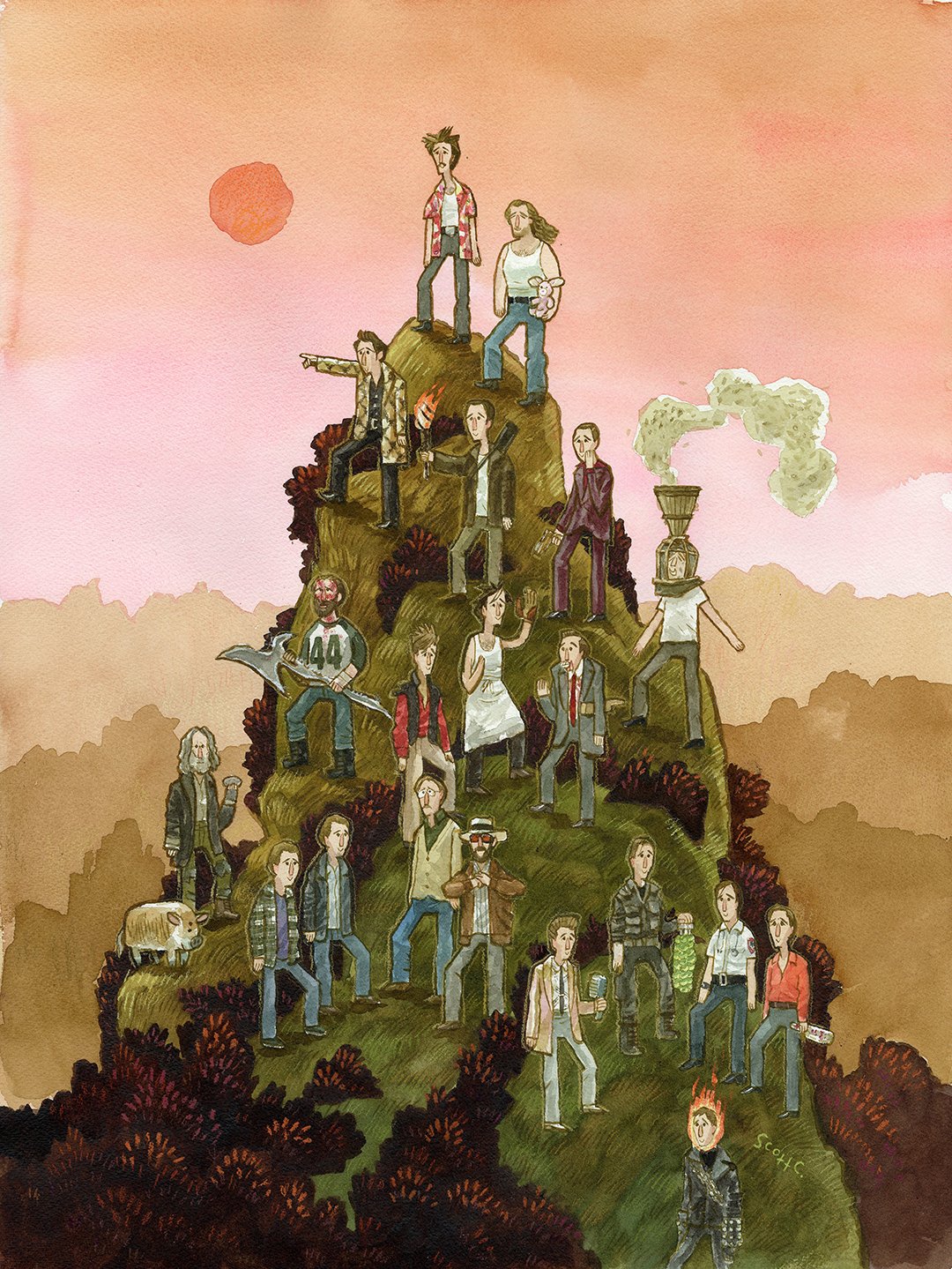 A group of twenty people in casual, watercolor-bright clothes gathers on a grassy hill at sunset, with a red sun and layered mountains behind, evoking the unique art style of Scott C.; smoke drifts above one figures head.