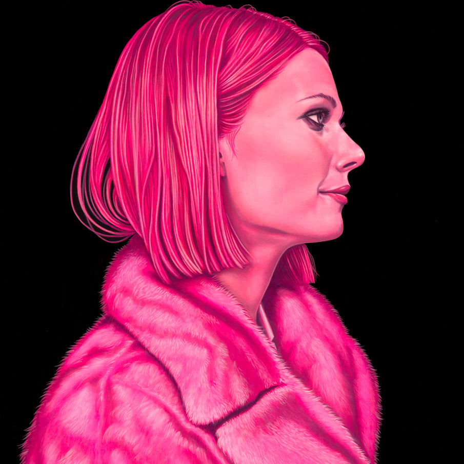 A woman with a bob haircut in a pink fur coat is shown in profile against black, inspired by Caia Koopman’s "Margot in Pink." This monochromatic pink artwork celebrates Spoke Art's 15th Anniversary.