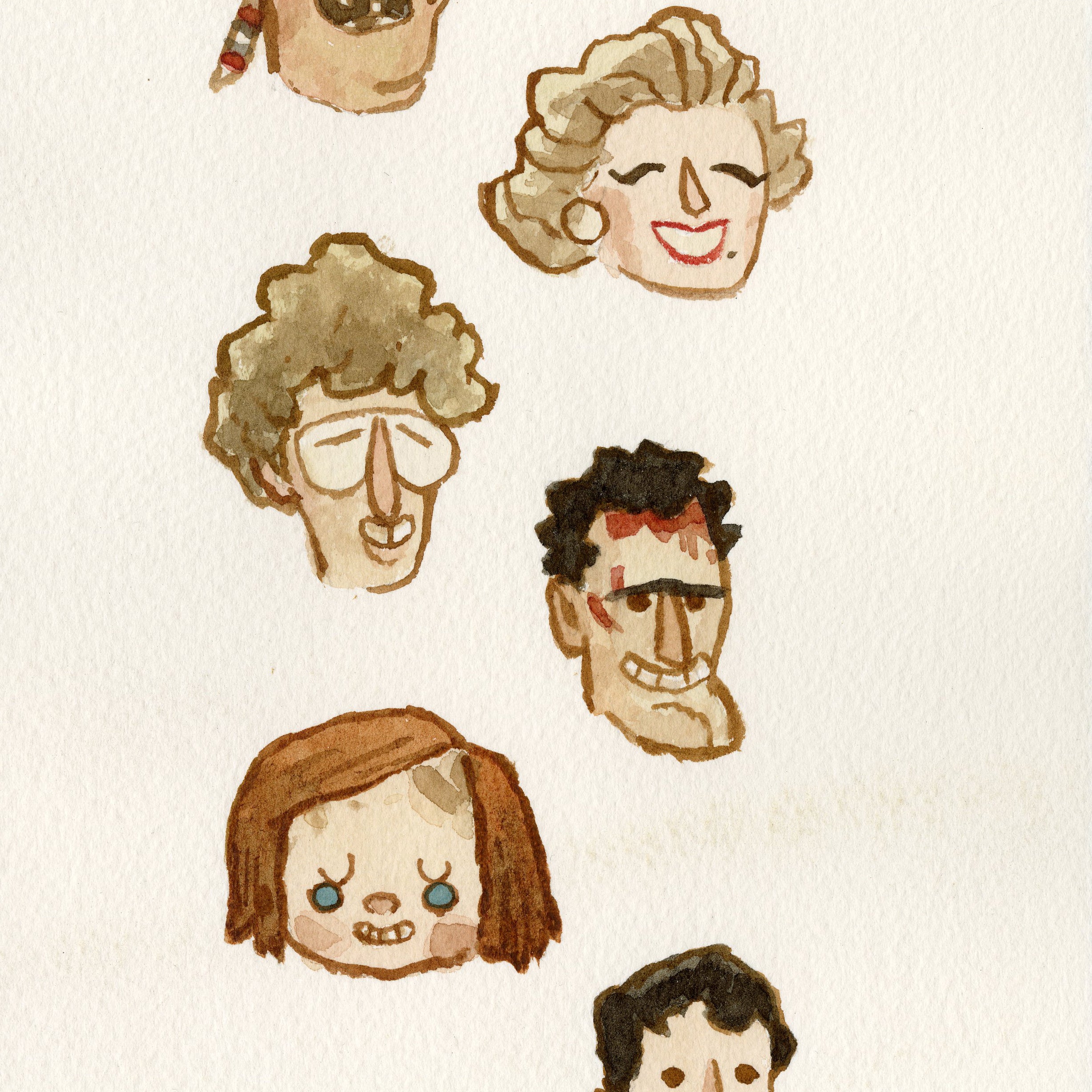 Seven whimsical watercolor portraits of unique individuals, each with distinct features and expressions, arranged in three rows on textured white paper. Signed by Scott C., this piece is part of his Famous Heads series.