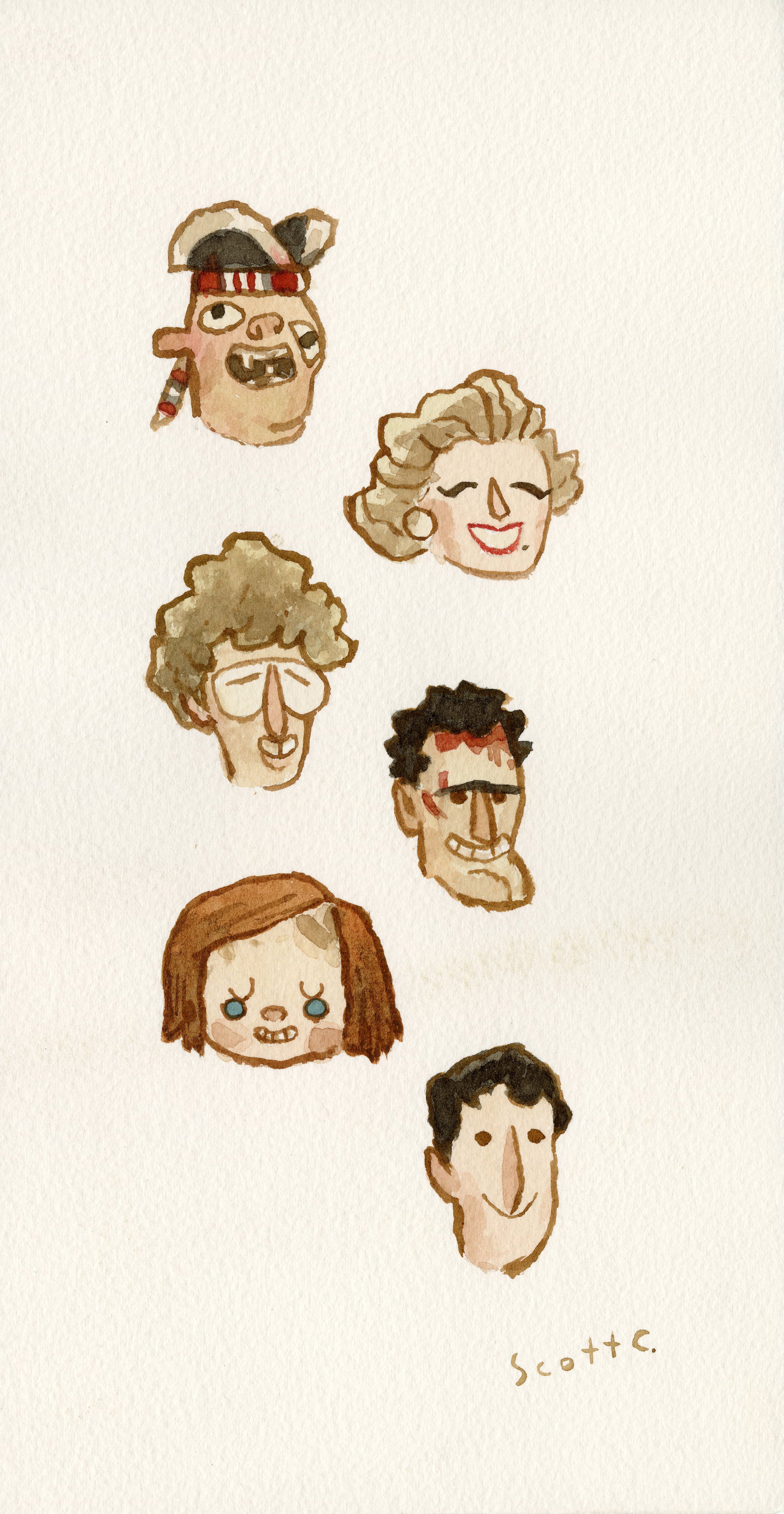 Seven whimsical watercolor portraits of unique individuals, each with distinct features and expressions, arranged in three rows on textured white paper. Signed by Scott C., this piece is part of his Famous Heads series.